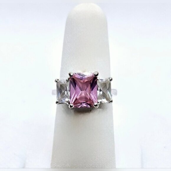 Romantic Pink Zircon Luxury Crystal Stone Silver Tone Ring - Picture 5 of 8